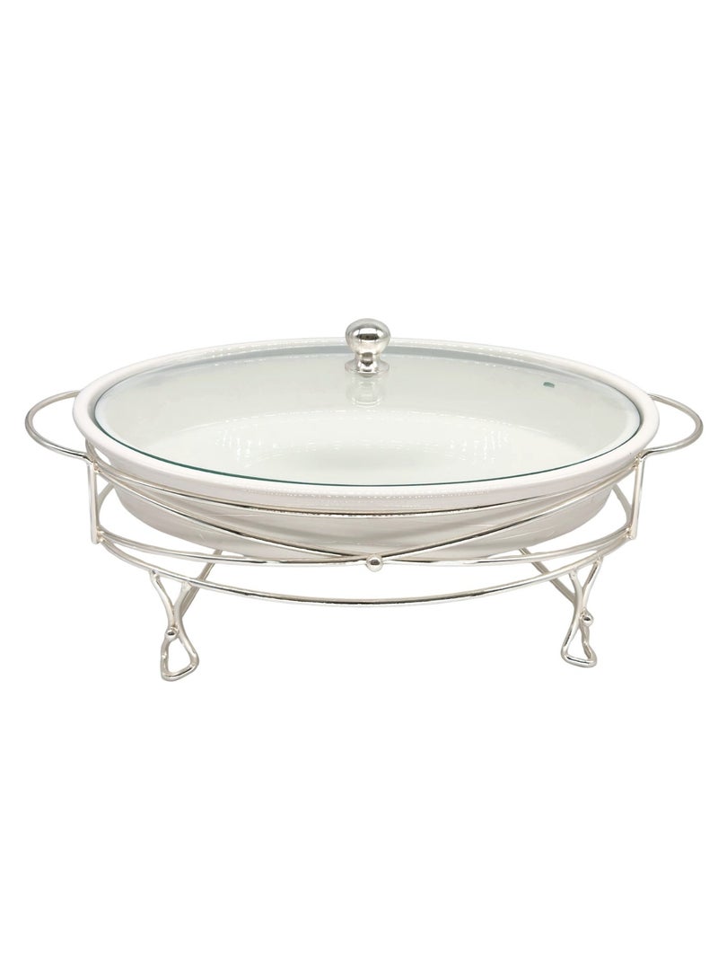 AL-GANNAS 2.2L Oval Ceramic Buffet Food Warmer on Metal Silver Stand | With 2 Tealight Candle Holders, Chafing Dish for Keeping Food Warm - Image 2